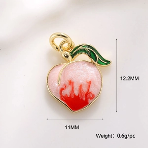 Pink peach fruit charm pendant in gold-plated copper with size and weight metrics