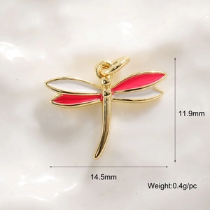 Detail view of small pink dragonfly pendant showing dimensions 11.9mm by 14.5mm