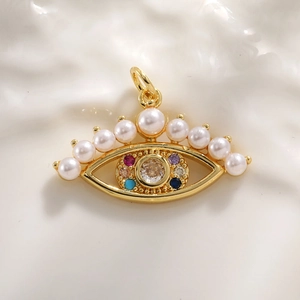 Evil eye necklace pendant with white pearls and multicolored zircon crystals in gold finish