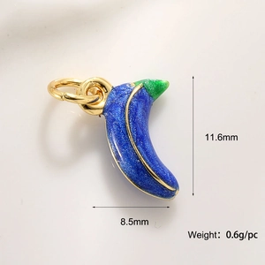 Macro detail of blue glitter banana pendant with gold plated edges and size dimensions