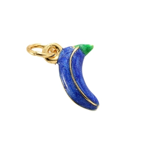 Blue glitter enamel banana fruit pendant with green accents and golden metal link