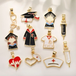 Copper Enamel Graduation Cap Nurse Hat Syringe Pendants For DIY Jewelry Making Necklaces Bracelets Medical Student Gift