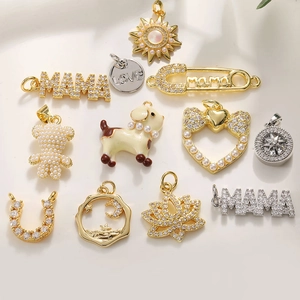 Copper Gold Plated Zirconia Artificial Pearl Pendant Only (Without Chain) Heart Star Sun Moon Mama Letter Charm For DIY Jewelry Making