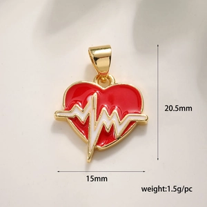 Detail of heart enamel charm with EKG line design and dimensions 20.5mm by 15mm