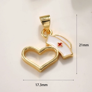 Detail view of heart-shaped nurse hat pendant with enamel cross and size dimensions