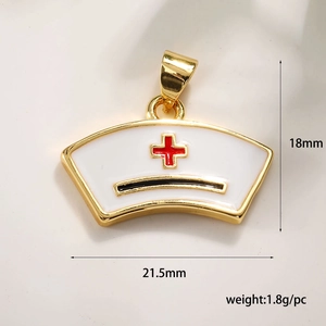 Detail of nurse cap pendant in gold finish with white and red enamel measurements 18mm by 21mm