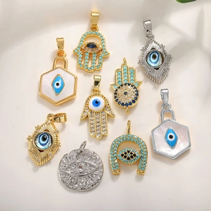 Pendentif Mauvais Œil Main de Fatma Cuivre Zircone Charm Pour Fabrication Collier Bracelet DIY Accessoires Bijoux Œil Bleu Turc