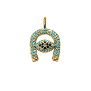 Pendentif fer à cheval Mauvais Oeil en or avec serti micro-pavé de zircons bleus