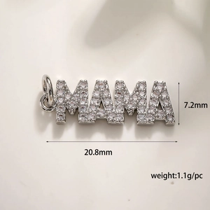 Macro view of MAMA letter pendant with sparkling zircons and dimensions 20.8x7.2mm