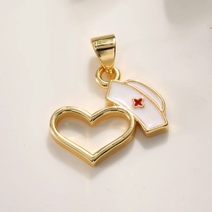 Golden heart pendant with white nurse hat design for graduation jewelry DIY