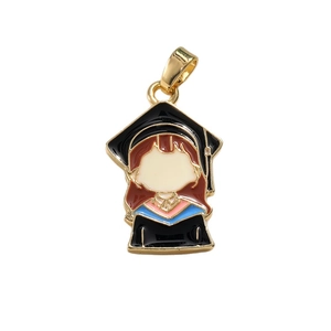 Cartoon girl graduation pendant with black cap and golden enamel for DIY jewelry making