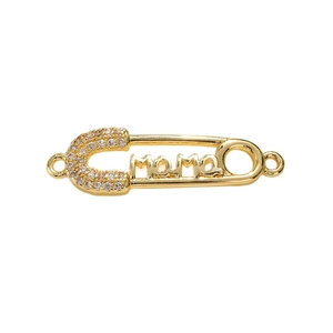Golden safety pin pendant with MAMA letter carving and shimmering zircon stones