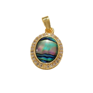 Ovale gouden hanger met iriserende abalone schelp en glanzende zirkonia-omranding