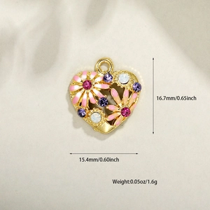 Gold heart pendant with pink enamel daisies and rhinestones for DIY jewelry making