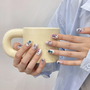 Faux ongles faits main motif chat avec poudre aurora et art peint à la main
