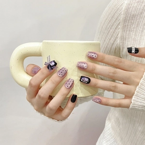 Handmade Purple Cat Eye Press On Nails With Bowknot Rhinestones Sweet Black Polka Dot Long Square Fake Nails 10Pcs Set