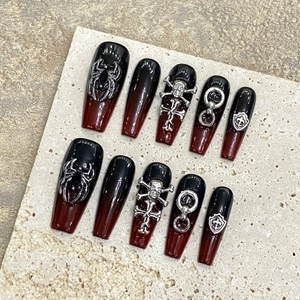 Handmade gothic black and red gradient press-on nails with silver punk metal charms