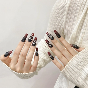 Gothic red and black gradient coffin press-on nails with 3D silver metal crosses and skulls