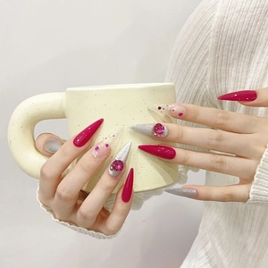 Handmade Rose Red Press On Nails With Large K9 Heart Rhinestones Sparkling Glitter Long Stiletto Fake Nails For Women