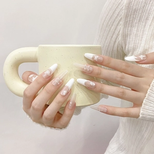 Handmade French Nude Press On Nails With White Butterfly Artificial Pearl Rhinestone Long Almond Shape Elegant Fake Nails For Women