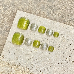 Handmade Cat Eye Toenail Press On Nails Olive Green Silver Glitter Resin False Nails For Women Feet Art Beauty Decor