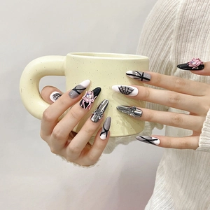 Handmade Gothic Punk Press On Nails Long Almond Fake Nails With 3D Pink Spider Silver Bow Rhinestone Spider Web Art For Women