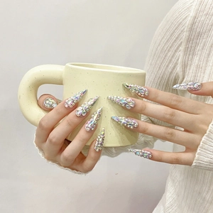 Handmade Full Rhinestone Press On Nails Long Stiletto Egyptian Cleopatra Style Aurora AB Crystal Luxury Glamour Nails