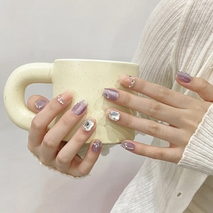 Handmade Press On Nails Lavender Purple Cat Eye Rhinestone Artificial Pearl Gradient Sweet Elegant False Nails For Women Daily Party