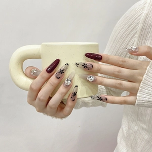 Handmade Cherry Red Extra Long Almond Press On Nails Luxury Hand-painted Flower Rhinestone Elegant Detachable Fake Nails