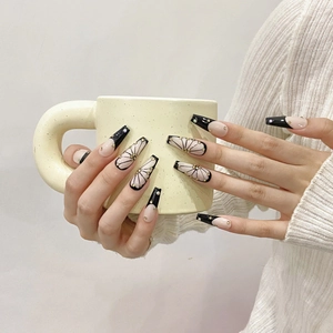 Handmade Long Coffin Press On Nails Nude French Butterfly Pattern Rhinestone Artistic Reusable Artificial Manicure Nail Tips