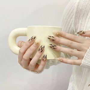 Detailed close-up of long stiletto leopard print press-on nails with 3D gold accents