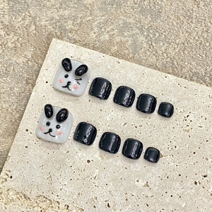 Handmade 3D Panda Toenail Press On Nails Set Black White Glossy Cartoon Animal Design Full Cover False Nails For Women