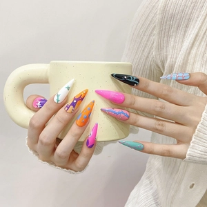 Faux Ongles à Presser Faits à la Main Longs Stiletto Multicolore Graffiti Style Y2K Papillon Abstrait Strass Ongles Artistiques Femme