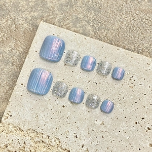 Handmade Aurora Blue Press On Toenails Silver Glitter Texture Elegant Wearable Toenail Patches For Women Foot Nail Art