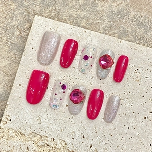 Handmade magenta and silver glitter press-on nails with luxury 3D diamond accents