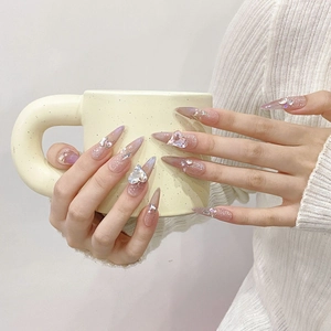 Faux Ongles à Presser Stiletto Longs Faits à la Main Dégradé Rose Violet 3D Cœur Lune Strass Œil de Chat Luxe Femmes