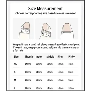 Size guide for blue ocean press-on nails featuring measurement instructions and table