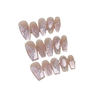 Pink cat eye press-on nails set with elegant 3D butterflies and pearl embellishments