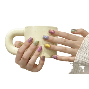 Handmade cat eye press-on nails with colorful metallic glitter and magnetic square design