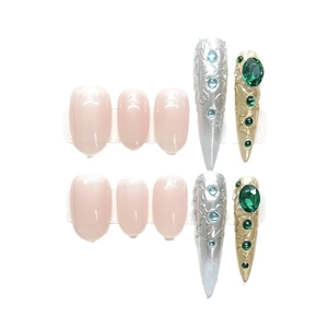 Handmade Palace style press-on nails with blue rhinestones and gold floral 3D relief
