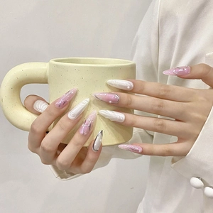 Handmade Cat Eye Press On Nails With Artificial Pearl Rhinestone Silver H Design Pink White Long Stiletto False Nails For Women