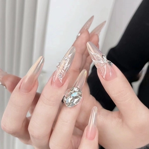 Aurora butterfly press-on nails with 3D crystal rhinestones in translucent pink pearl