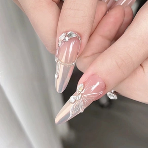 Handmade aurora butterfly press-on nails with 3D crystal details and silver chains