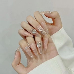 Handmade Aurora Butterfly Press-on Nails with luxury rhinestones and pearl chain accents
