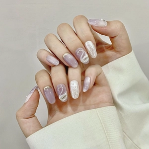 Handmade cat-eye press-on nails with 3D white swan and pearl design for women