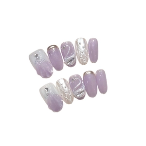 Handmade cat eye press-on nails with 3D silver swan and pearl lavender design