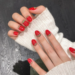 3D strawberry press-on nails with cat eye effect and cute fruit design for women