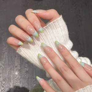 Faux Ongles à Coller Amande Français Faits à la Main Dégradé Bleu Vert Design Étoiles Ongles Longueur Moyenne Femme