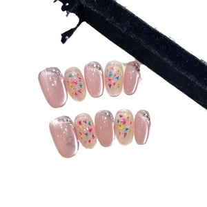 Handmade light pink cat eye press-on nails with real dried flowers and silver rhinestones