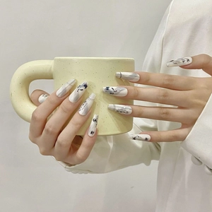 Long rectangular press-on nails with Chinese ink style crane and calligraphy art